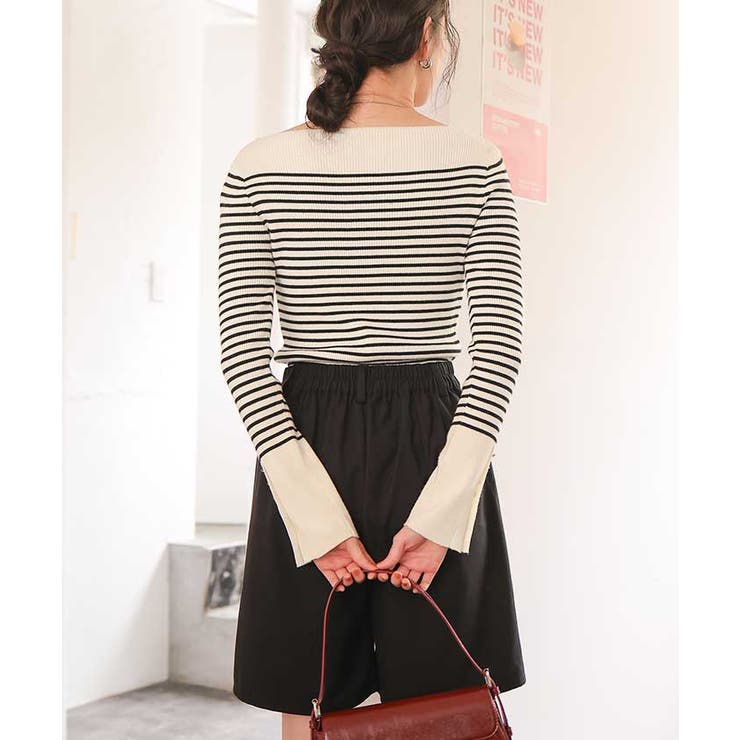 ボートネックゴールド釦デザインニット[品番：TV000012729]｜titivate