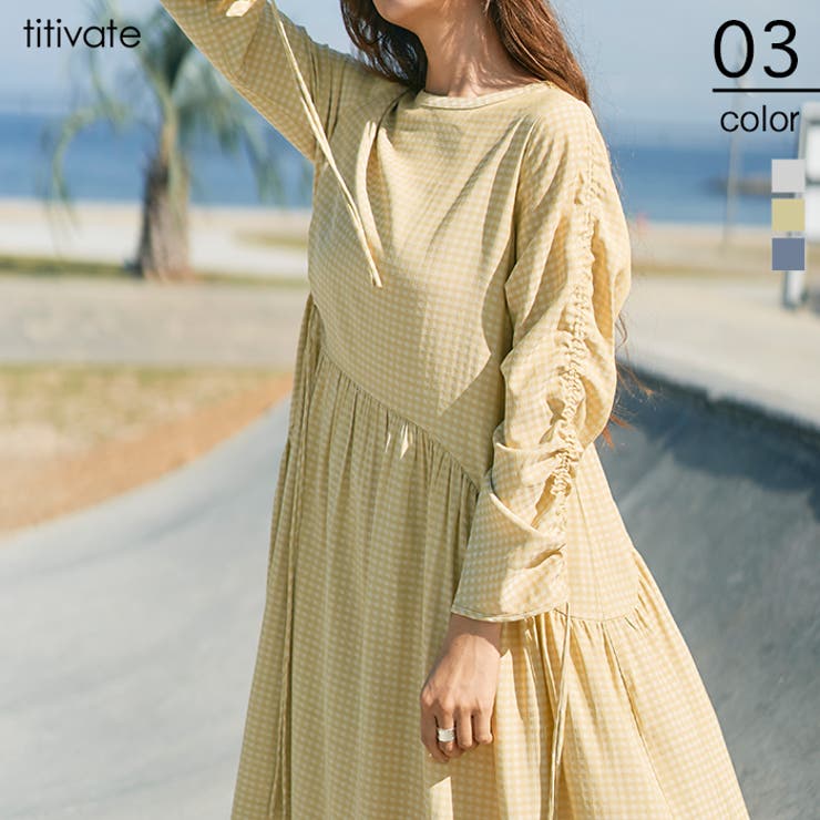 シャーリングデザインワンピース 淡い色使いのギンガムチェックが大人かわいい 品番 Tv Titivate ティティベート のレディースファッション通販 Shoplist ショップリスト