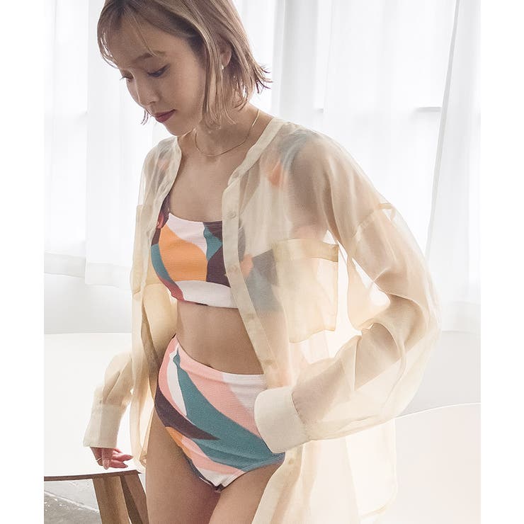 スクエアネック×ハイウエストビキニ 水着 カラフルなシーグラス