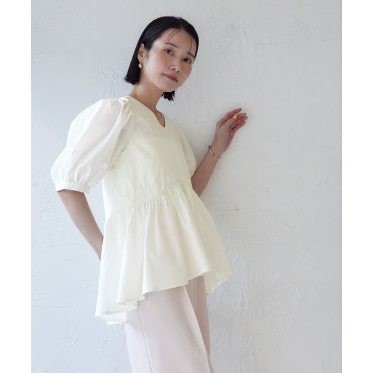 アンタイトル 5号 長袖　ブラウス　袖ゴム　凹凸コットン ペプラムシャツ KOEISTORE ブラウス レディース 春 夏 春夏 黒 白 シャツ