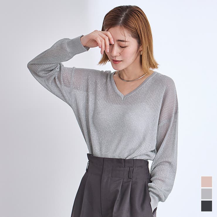 Vネックシアーラメリブニット【UR’S ユアーズ】 | titivate | 詳細画像1 
