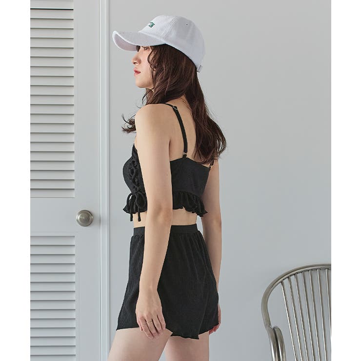 フロントレースアップワッフルビキニ上下セット ワッフル素材レースアップビキニ/水着セット【SEADRESS