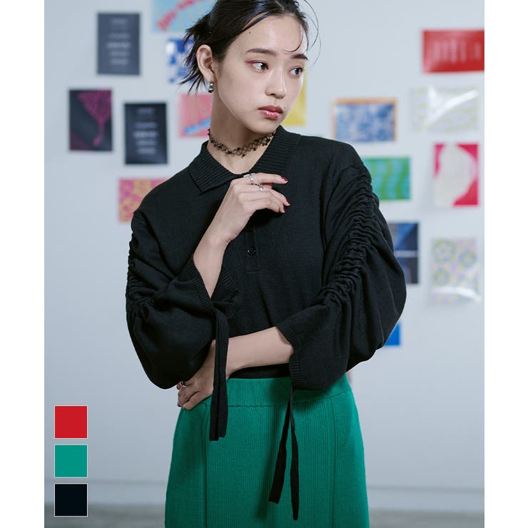 シャーリングスリーブ襟付きニット【miette ミエット】 | titivate | 詳細画像1 