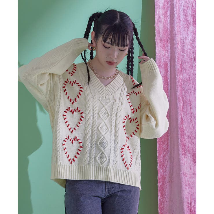 配色ステッチハートケーブルVネックニット【miette ミエット】 | titivate | 詳細画像8 