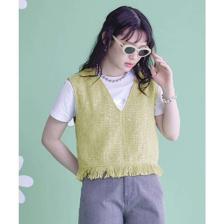 スパンコールツイードフリンジショートベスト【miette ミエット】 | titivate | 詳細画像8 
