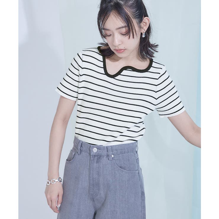 ウェーブネックラインボーダー半袖トップス【miette ミエット