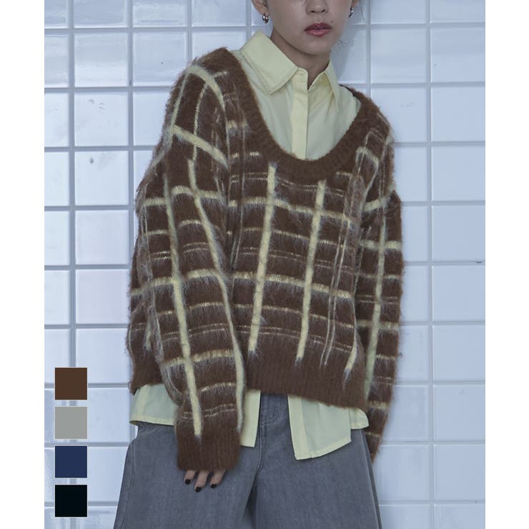 Uネックシャギーチェックニット【miette ミエット】 | titivate | 詳細画像1 