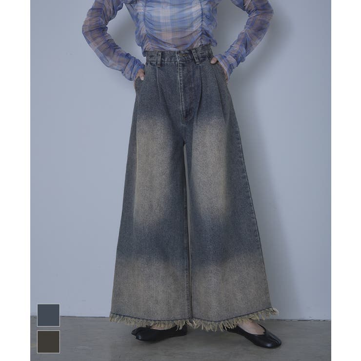 裾フリンジオーバーダイデニムワイドパンツ【miette ミエット】 | titivate | 詳細画像1 