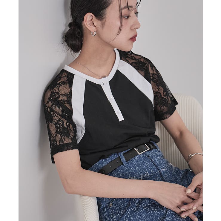 レースラグランスリーブVネックTシャツ【miette ミエット】[品番
