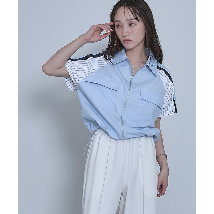 ストライプ切替ジップ半袖シャツ【miette ミエット】 | titivate | 詳細画像2 