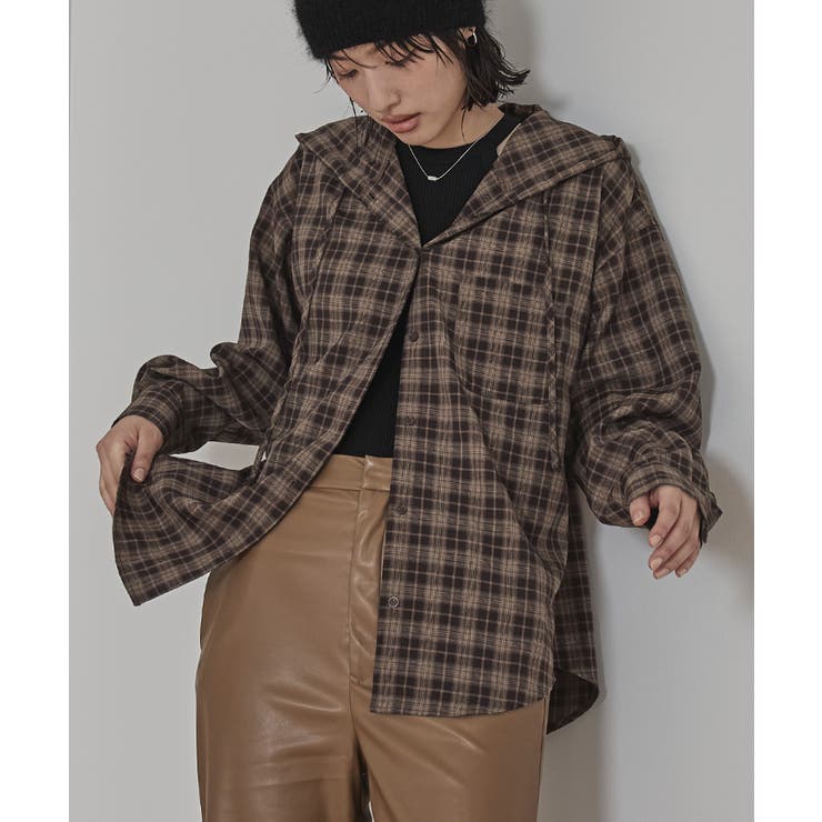 フード付きオーバーサイズチェックシャツ【miette ミエット