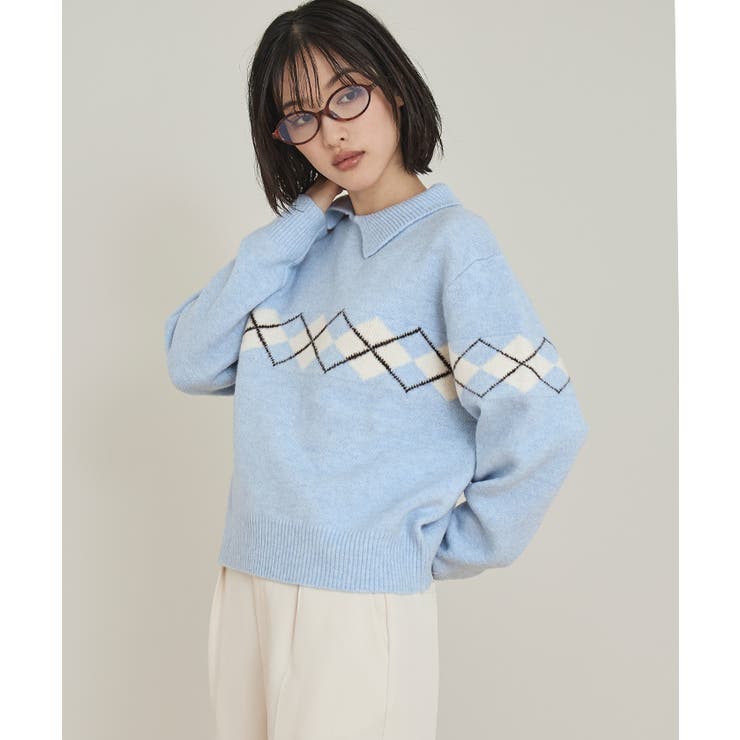 アーガイルアシンメトリーカラーニット【miette ミエット】 | titivate | 詳細画像3 