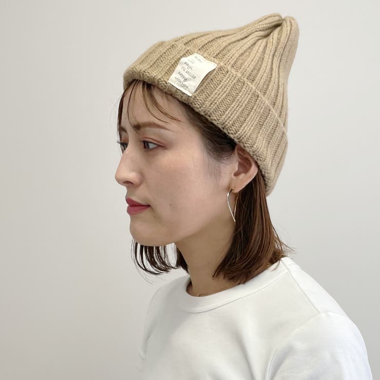 英文字タグ付きリブ編みニット帽 レディース 帽子[品番：THNW0000192