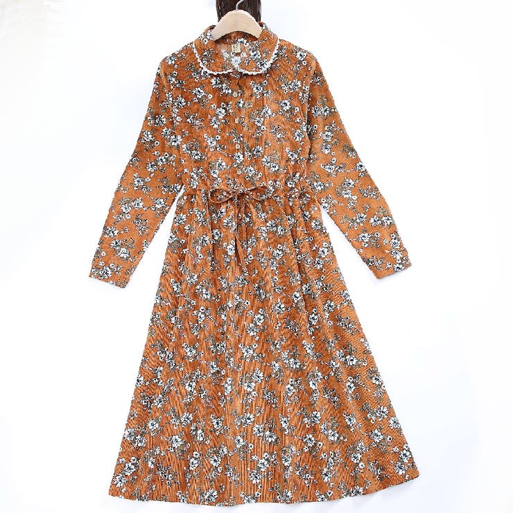 ウエストマーク花柄コーデュロイワンピース レディース ワンピース