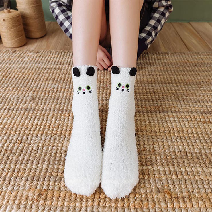 ホワイト（ねこ） | アニマルソックス キャラクター厚手もこもこ 毛足長い |  TOKOHANA
