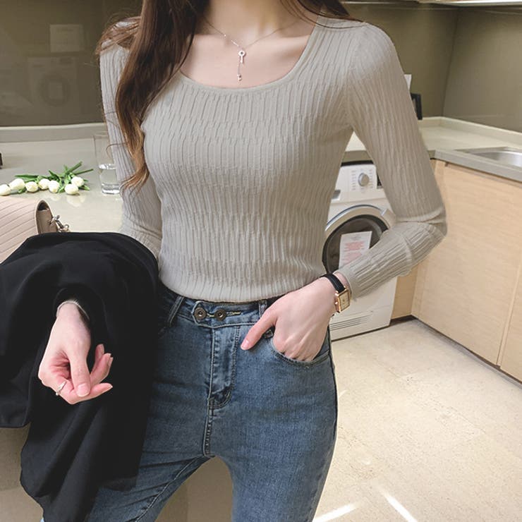 スクエアネックニットトップスオフィスカジュアル スプリングトップス 長袖 |  TOKOHANA | 詳細画像12 