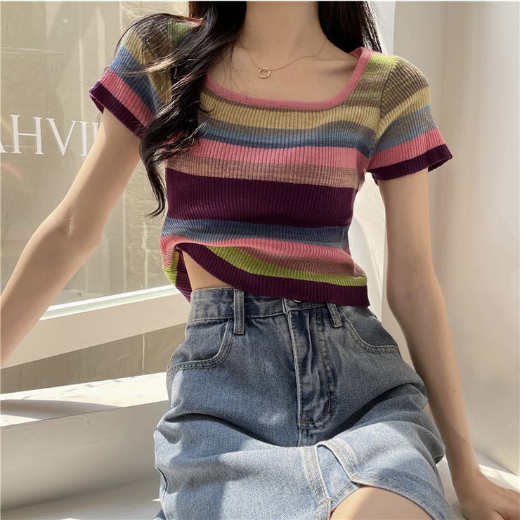 サマーニットレディースマルチボーダー韓国ファッション韓流夏服カジュアルオフィスカ… |  TOKOHANA | 詳細画像13 