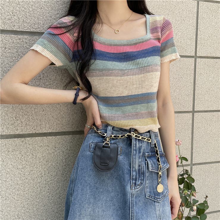 サマーニットレディースマルチボーダー韓国ファッション韓流夏服