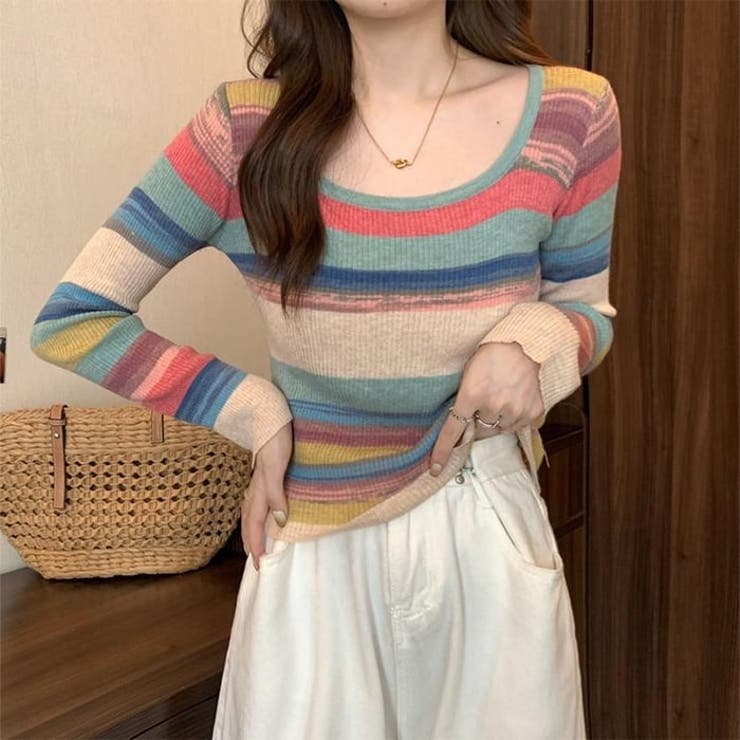 長袖ニットソーレディース韓国ファッション柔らかいボーダー柄 カットソー ニット |  TOKOHANA | 詳細画像11 