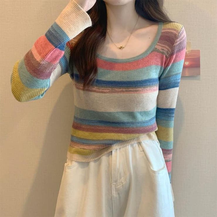 ブルー | 長袖ニットソーレディース韓国ファッション柔らかいボーダー柄 カットソー ニット |  TOKOHANA