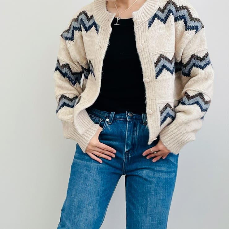 ベージュ | 幾何学模様のジャカード編みニットカーディガン 羽織 ニットジャケット |  TOKOHANA