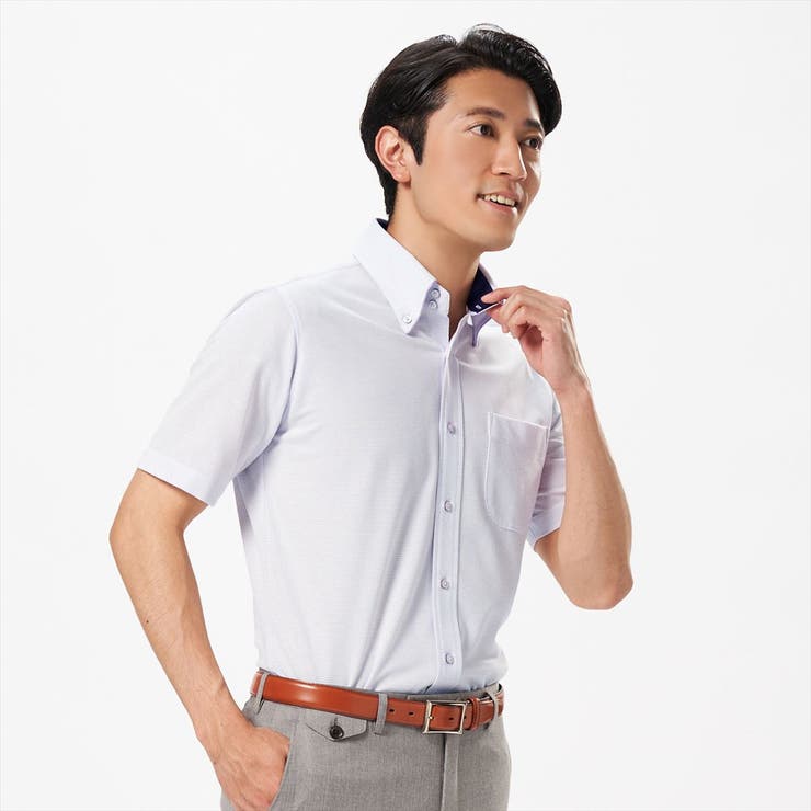 【パープル】(M)【超形態安定】 ボタンダウン 半袖 形態安定 ワイシャツ