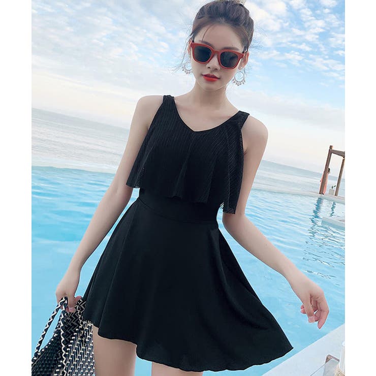 SEA NY★半袖フリルワンピーススイムウェア ブラック★送関込み 花柄ラッフルフリルワンピース スイムウェア ワンピース水着