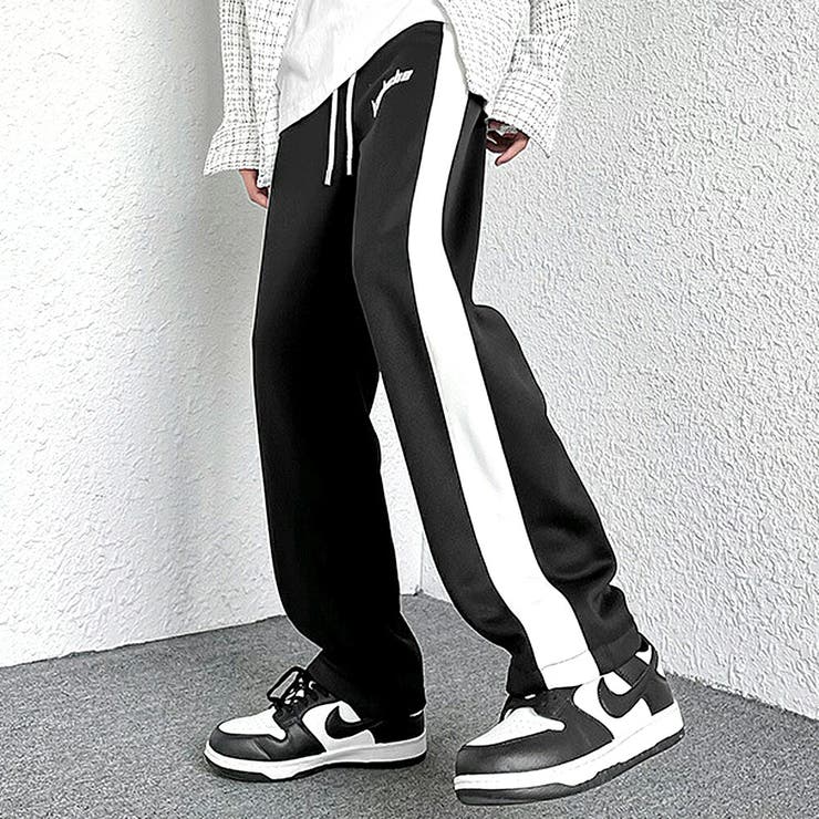 パンツ ゆったり XL ブラック 韓国 ライン ロゴ スウェット