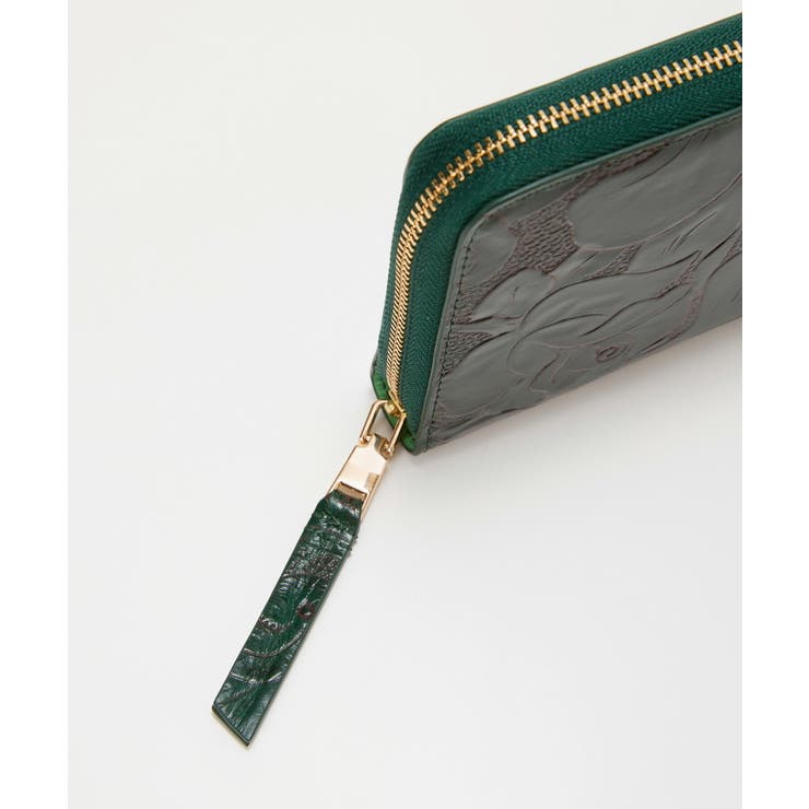 ローズエンボス ツヤ レザー ラウンドファスナー 二つ折り財布