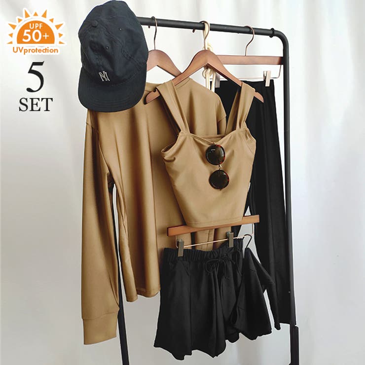 光沢サンドベージュ×ブラック | 【紫外線カット率99％以上】ラッシュガード×レギンス 付き タンキニ | OSYAREVO