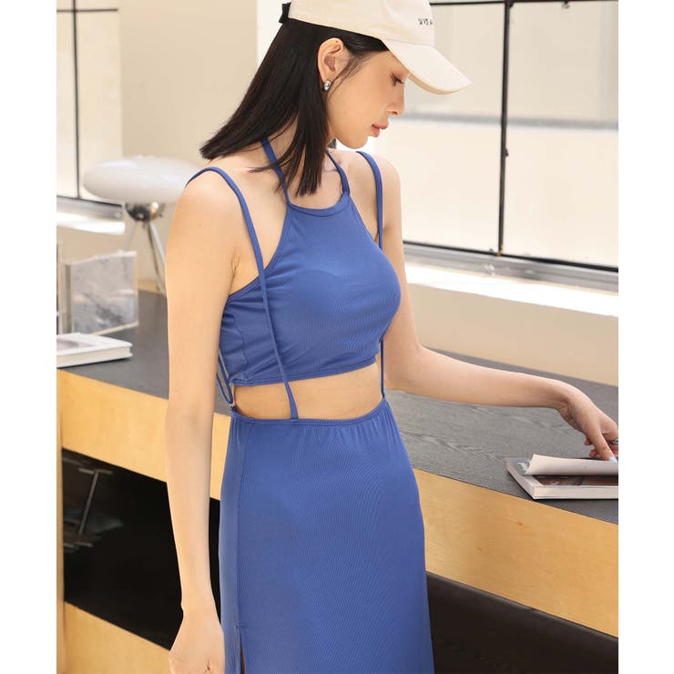ロングスカート付き ハイネック リブ ビキニ 水着 セットアップ