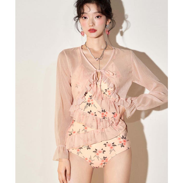 ピンク | シアー カーディガン 付き ラッフルフリル ワンピース 水着 | OSYAREVO