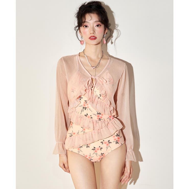 シアー カーディガン 付き ラッフルフリル ワンピース 水着 | OSYAREVO | 詳細画像7 