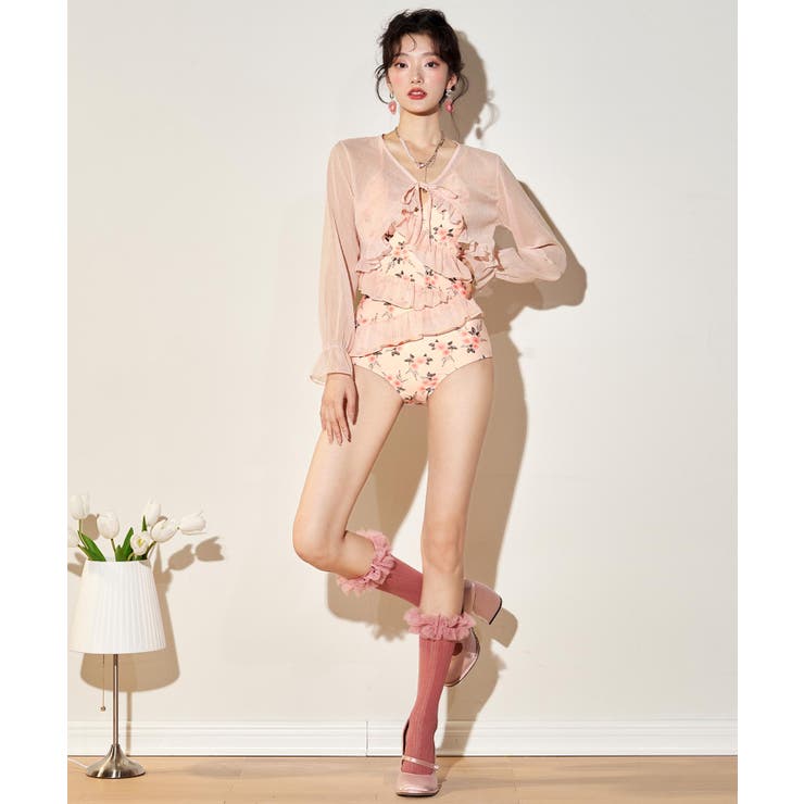 シアー カーディガン 付き ラッフルフリル ワンピース 水着 | OSYAREVO | 詳細画像8 