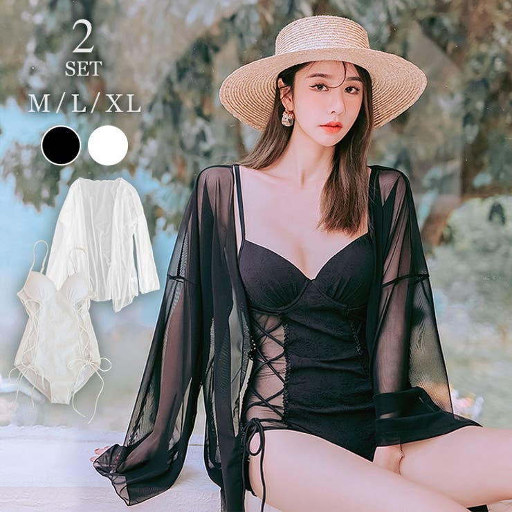 カーディガン付き サイドレースアップ ワンピース 水着[品番