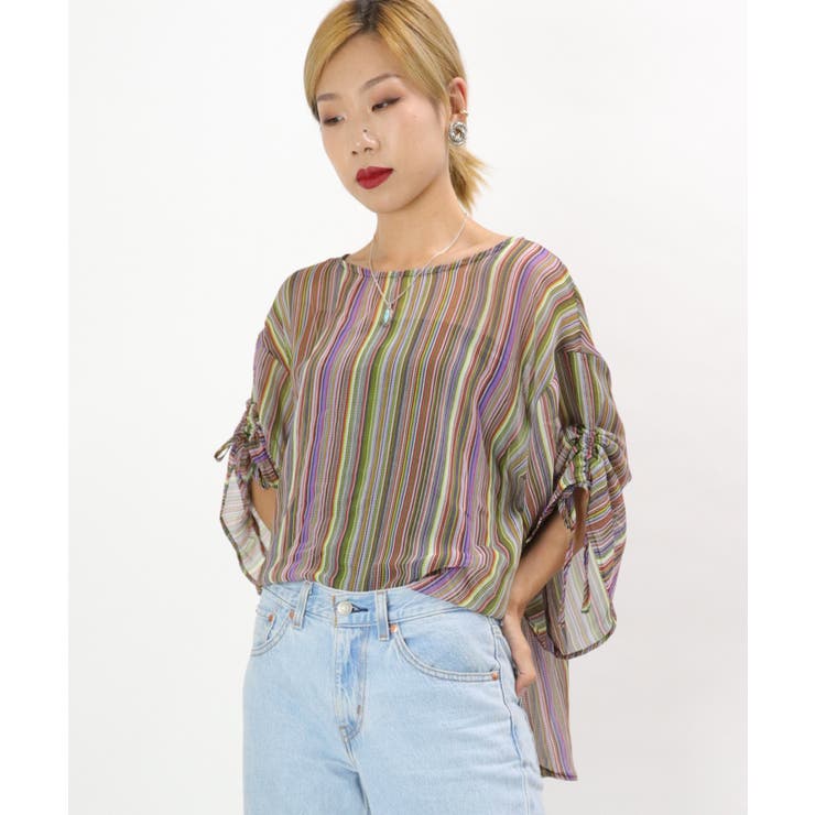 カラーストライプ フレアブラウス レディース | OSYAREVO | 詳細画像2 