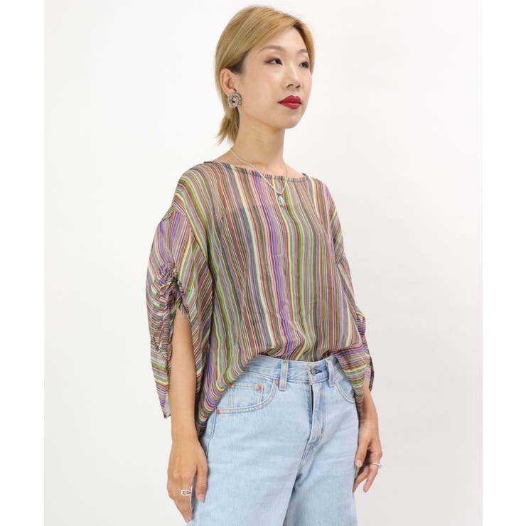 カラーストライプ フレアブラウス レディース | OSYAREVO | 詳細画像5 