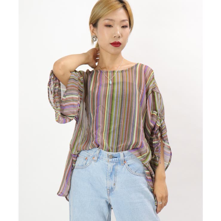 カラーストライプ フレアブラウス レディース | OSYAREVO | 詳細画像6 