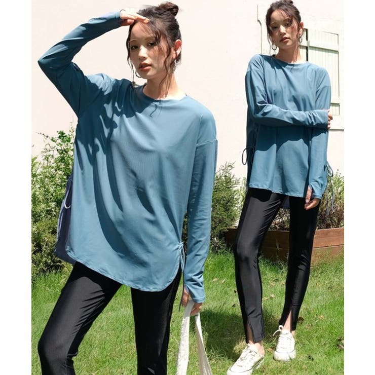 グレイッシュブルー×ブラック | 【紫外線カット率99％以上】体型カバー サイドギャザー ラッシュガード | OSYAREVO