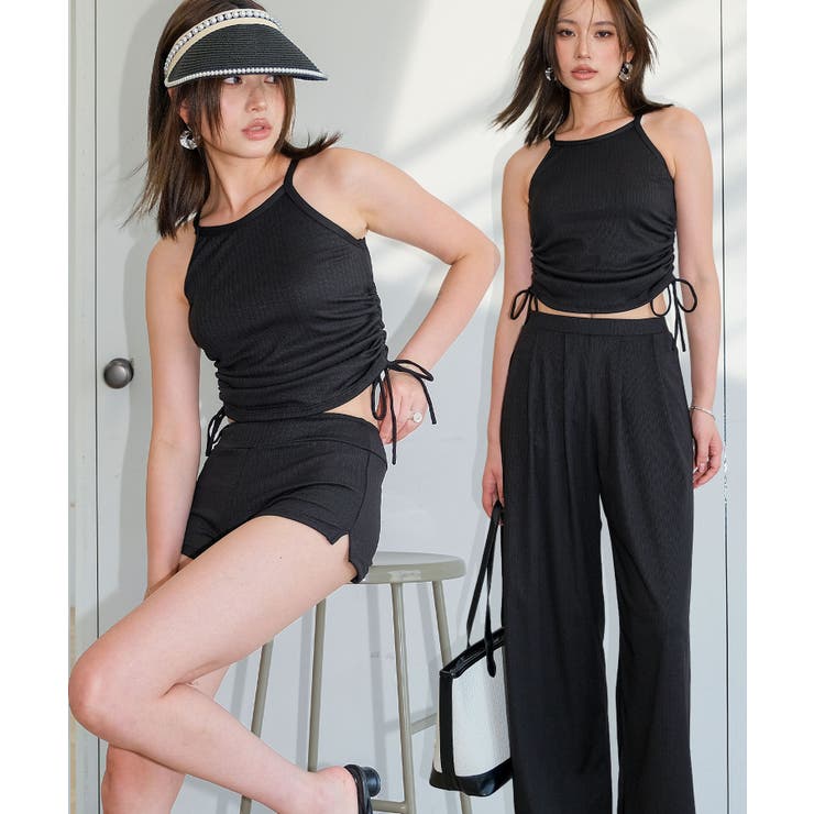 ブラック | サイドギャザービキニ ロングパンツ 付き 水着 セットアップ レディース | OSYAREVO