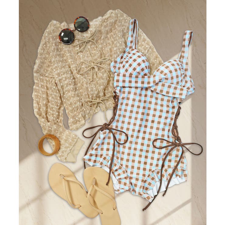 モカ×ブルーブラウンチェック | トップス付き サイドレースアップ フリル | OSYAREVO