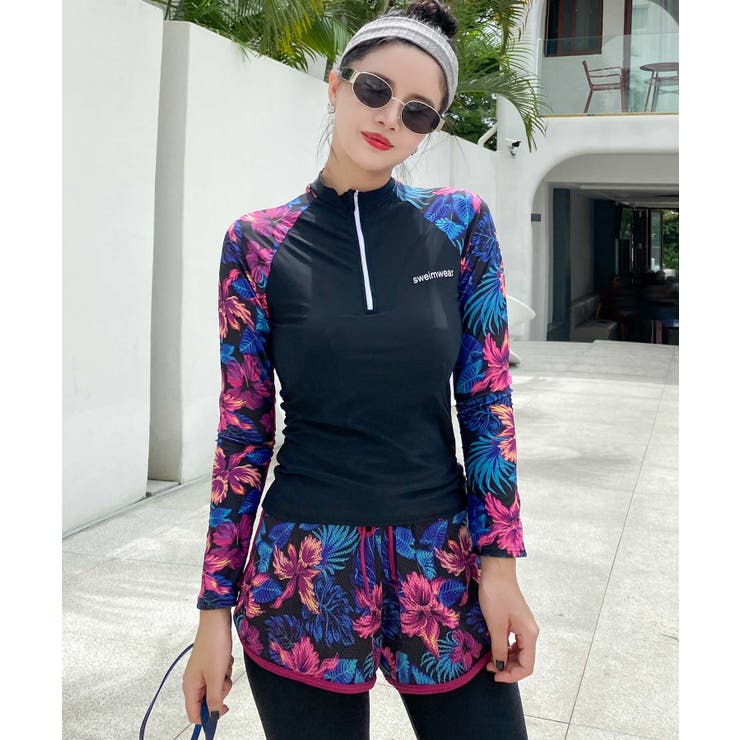 ブラック | ダークフラワー ラッシュガード 水着 セットアップ | OSYAREVO