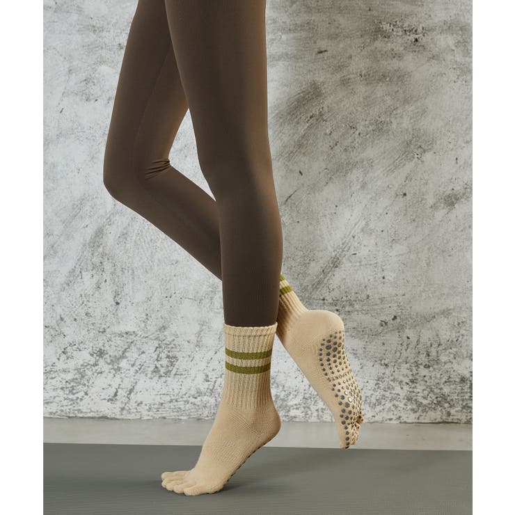 ベージュ | ヨガ ソックス 靴下 5本指 ピラティス 2本ライン	 | OSYAREVO