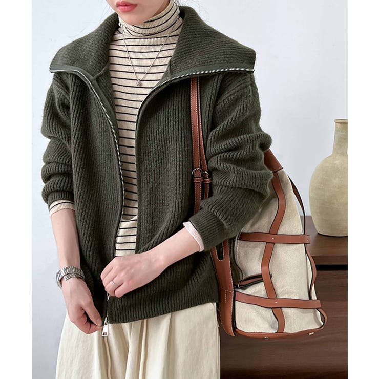 フロントジップ リブニット トップス[品番：OSRW0005655]｜OSYAREVO