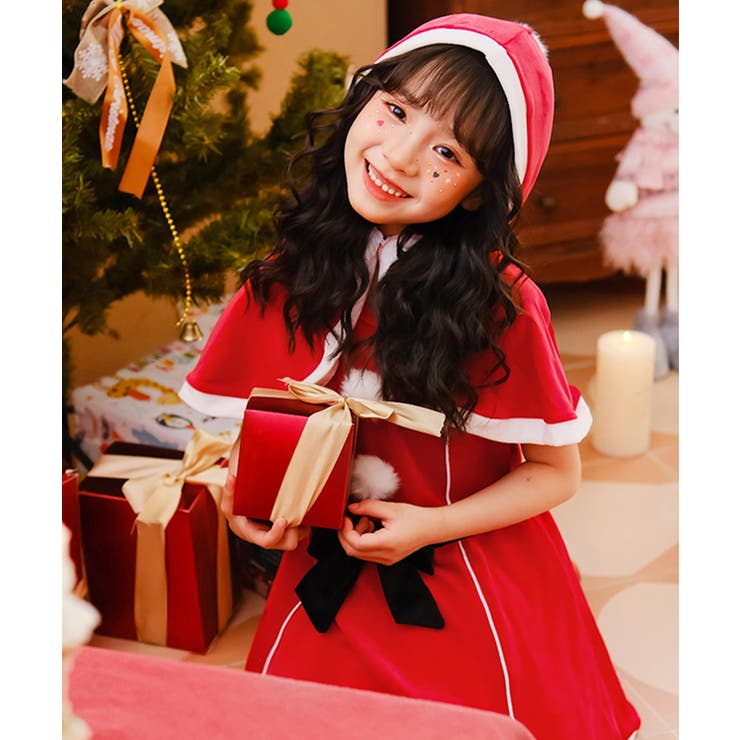 キッズ コスプレ クリスマスサンタ ケープ付きワンピース[品番