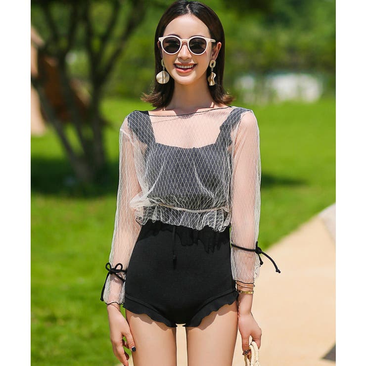 M~XL■フロントレースアップ フリル ワンピース水着 rw0162 オシャレボ OSYAREVO 【ネット限定】【CanCam掲載アイテム