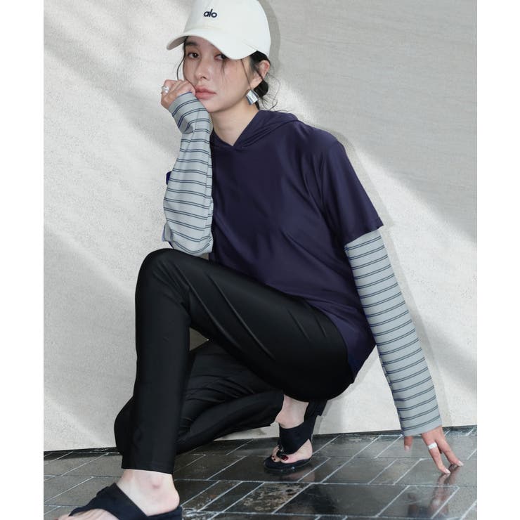 ネイビー×ダブルボーダー | 【紫外線カット率99％以上】水着 レディース 体型カバー | OSYAREVO