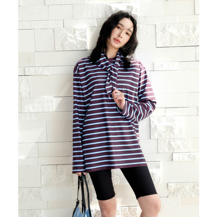 ボルドーライトブルーボーダー | 【紫外線カット率99％以上】水着 レディース 体型カバー | OSYAREVO