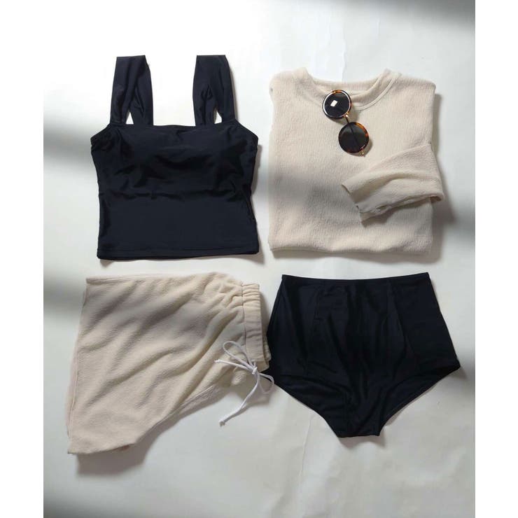 ベージュ | 体型カバー ラッシュガード 付き タンキニ  水着 セットアップ レディース | OSYAREVO