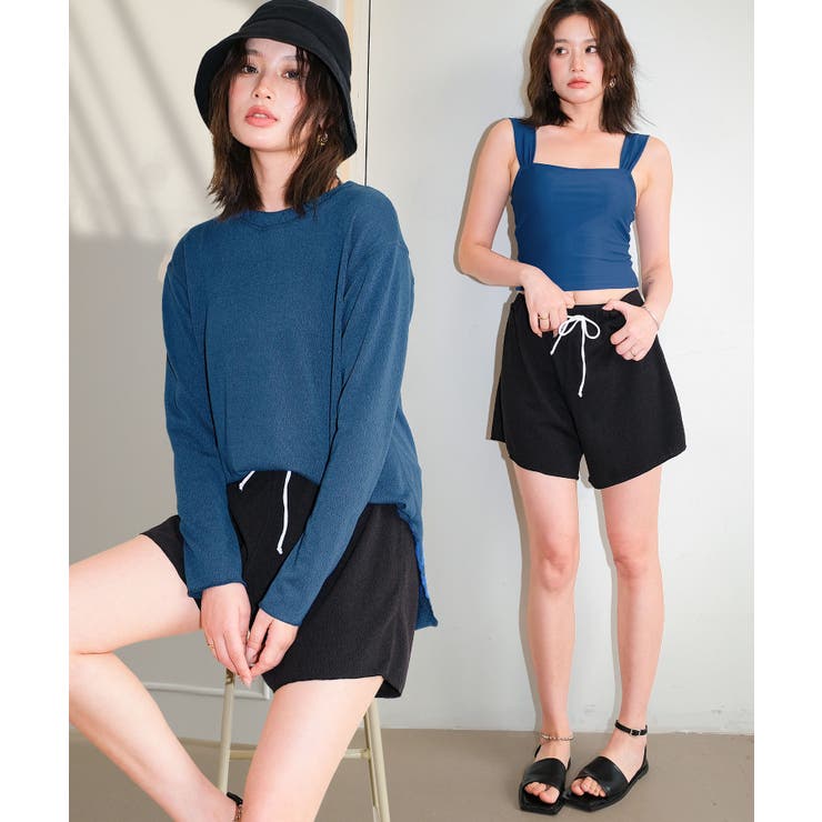 ブルー×ブラック | 体型カバー ラッシュガード 付き タンキニ  水着 セットアップ レディース | OSYAREVO